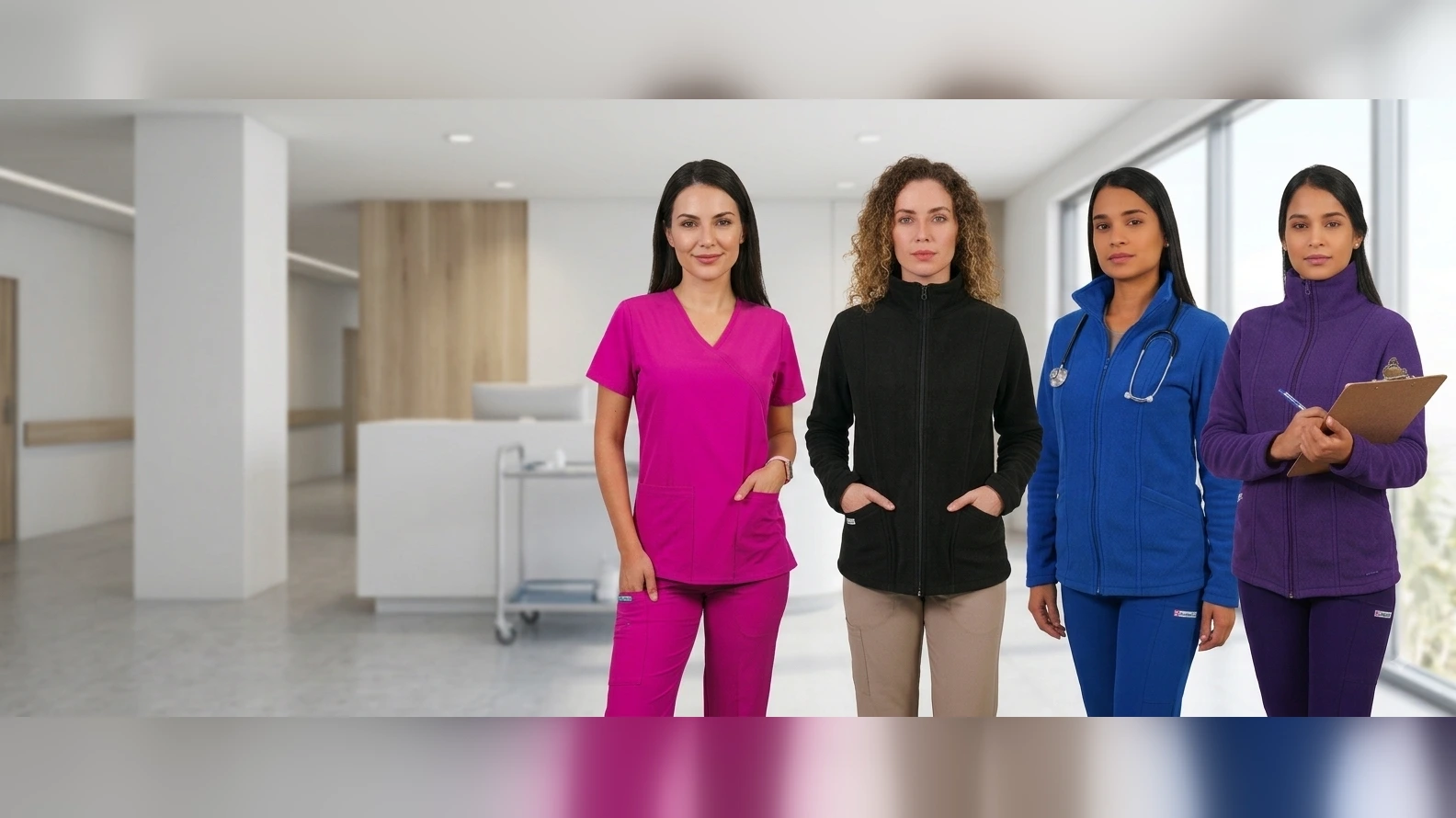 Profesionales de la salud con uniformes clínicos CIBA en distintos colores